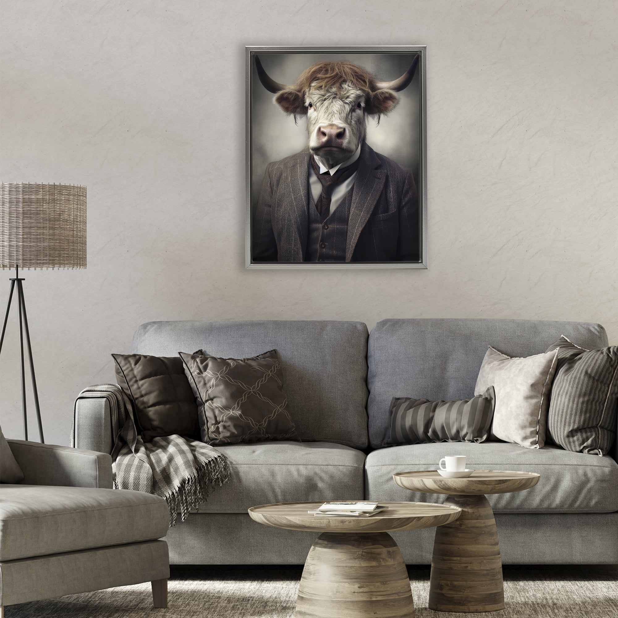 Stupell Industries Sophisticated Bull Portrait Gray Framed Floater Canvas Wall Art, design by Ray Powers