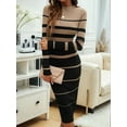 thumbnail image 5 of Female Fashion Striped Dress Long Sleeve Crew Neck Bodycon Midi Ribbed Knit Slim Fit Sweater Dress Black XL, 5 of 8
