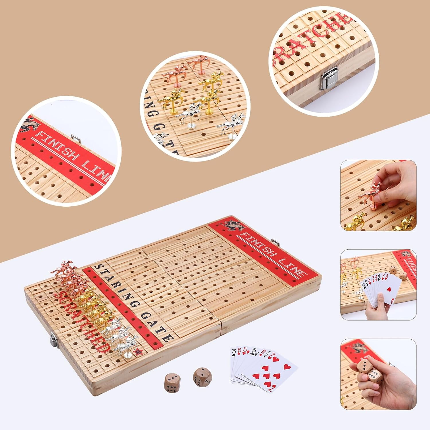 Horse Race Board Game, Horse Racing Game, Board Game Set Foldable and Portable with 2 Sets of Cards, 2 Dice, and 12 Metal Horses (1-Pack)