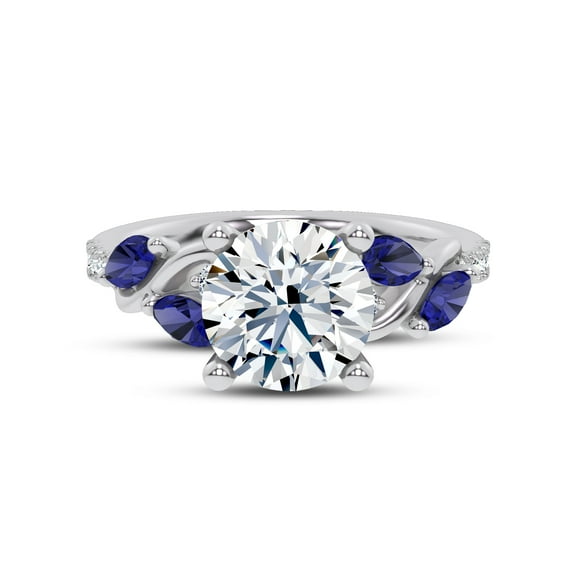 Oryn Jewel Sapphire and Diamond Engagement Ring for Women - 1.7 Ct Lab Created Round Cut Stone - Hayden Curved Vine Design in 14K White Gold Over for Brides and Wedding Jewelry