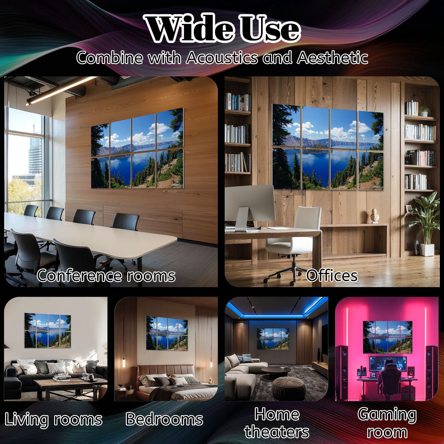 Forest 8 Pack Art Acoustic Panels Sound Absorbing Crater Lake National Park Oregon Decorative Soundproof Wall Panels Self Adhesive for Nursery Game Room Bedroom 48"x32"