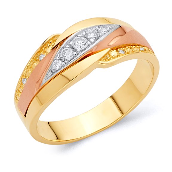 Wellingsale Mens Solid 14k 3 Tri Color White Yellow and Rose / Pink Gold Polished CZ Cubic Zirconia Wedding Ring Band - Size 8