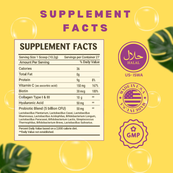 Greenfield Nutritions - Halal Collagen Powder 9g Protein with Halal Probiotic, Biotin, Hyaluronic Acid & Vitamin C for Hair, Skin, Nails, Joints & Gut Support, 270 g