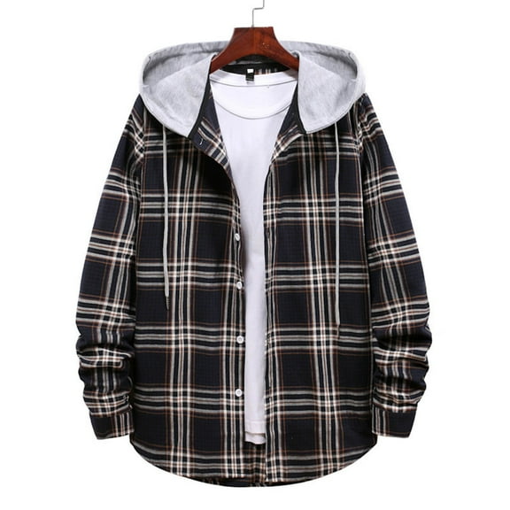 Donemore Men's Checkered Print Hooded Casual Jacket - Relaxed Fit Long Sleeve Button Front Drawstring Design Fashionable Outerwear