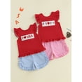 thumbnail image 3 of BemeyourBBs Toddler Baby Girl 4th of July Outfit Patriot Fourth of July Summer Independence Day Clothes American Flag Heart Embroidered Backless Flying Sleeve T shirt Tops Plaid Ruffle Shorts Set, 3 of 9