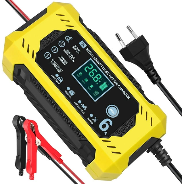 12V 6A Smart Battery Charger, Motorcycle Battery Charger with LCD Touch Screen, Multiple Reconditioning and Protection Portable Battery Charger for Cars, Trucks and Motorcycles