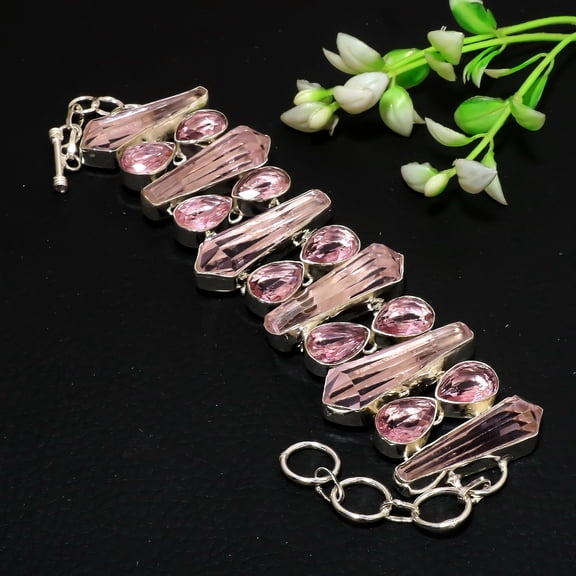 Pink Kunzite 925 Sterling Silver Gemstone Ethnic Gift Jewelry Bracelet 9" VJ 57