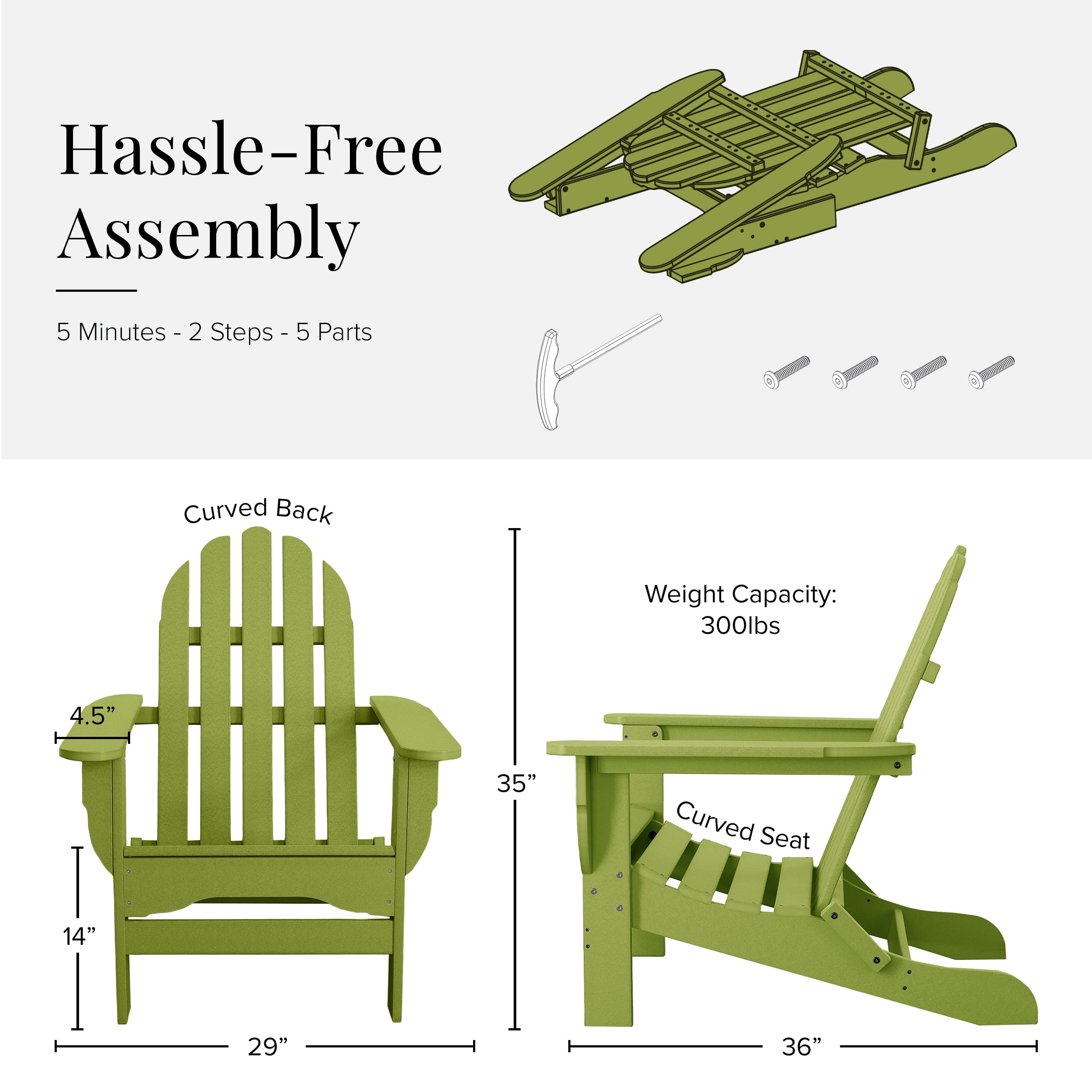 DuroGreen Adirondack Chairs Made With All-Weather Tangent lumber, Set of 2, Oversized, High End Classic Patio Furniture for Porch, Lawn, Deck, or Fire Pit, No Maintenance, USA Made, Lime Green