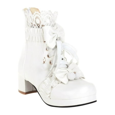 

Lovskoo 2024 Women s Ankle Boots Round Toe Chunky Heel Girl Cute Flower Bow Lace Mesh High-Heels Short Boots White