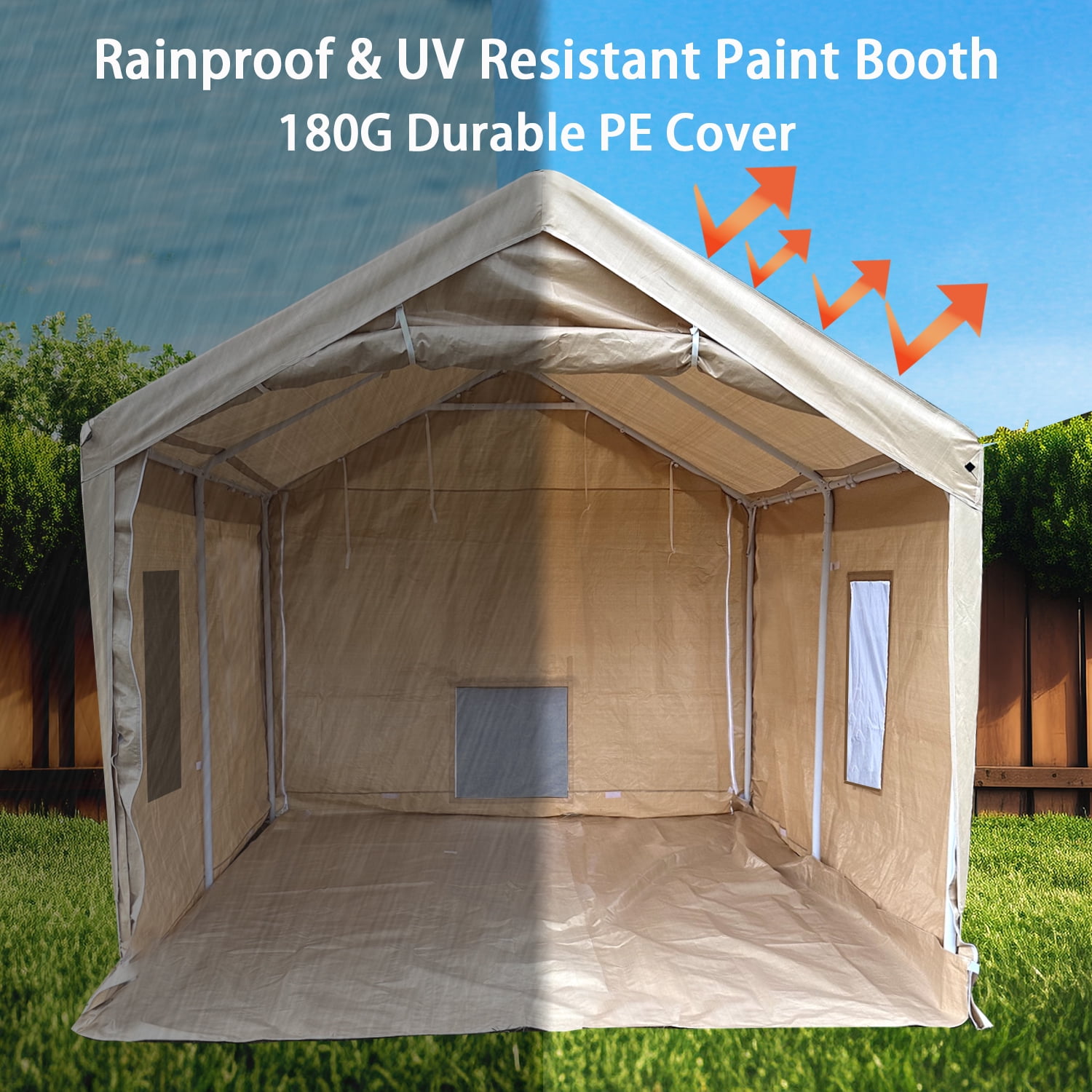 Rainproof Portable Paint Booth 10X10X9FT Spray Booth with 4pcs Mesh Windows & Floor for Painting Auto Parts, Furnitures and Other Items (Beige)