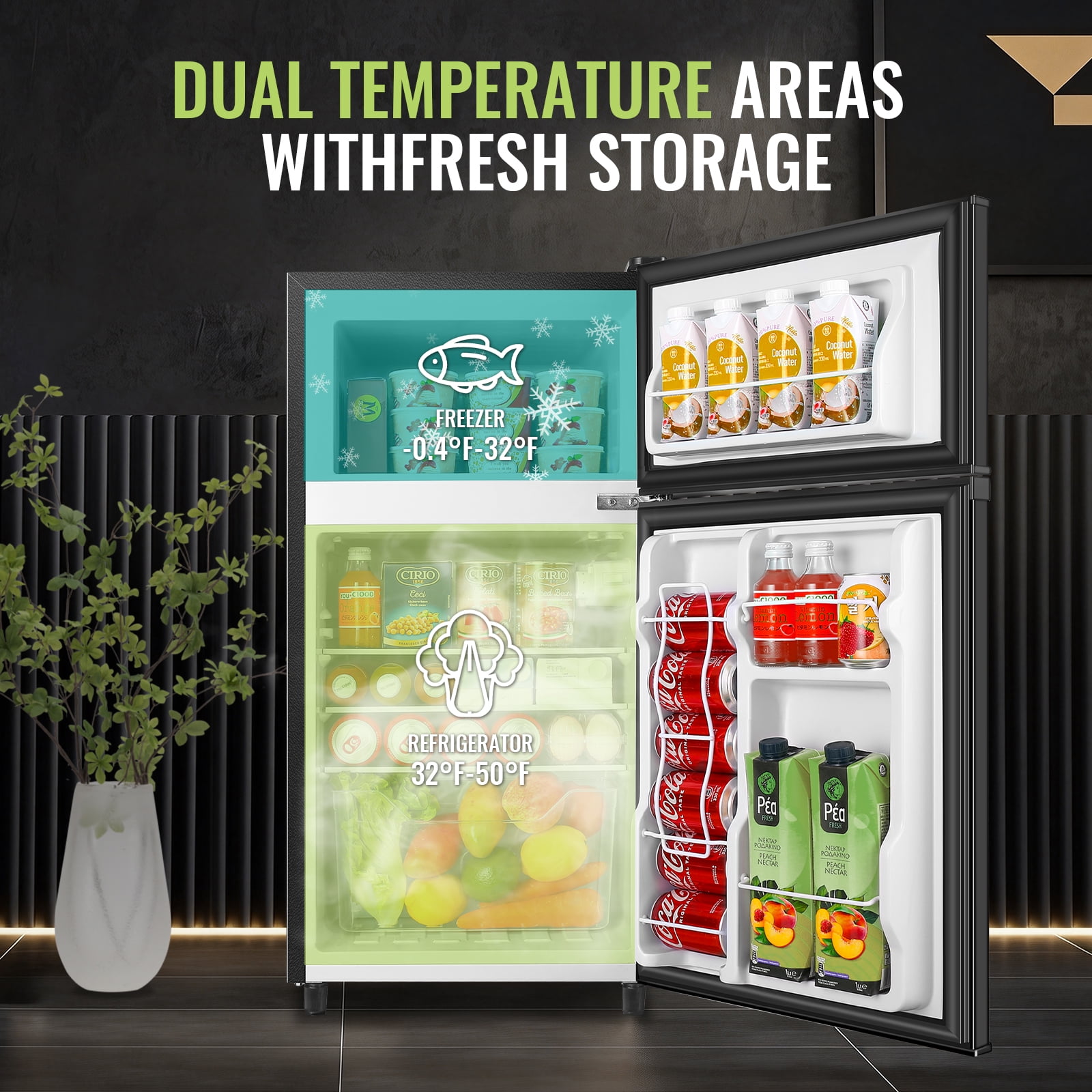 WANAI 3.5 Cu.ft Mini Fridge Compact Refrigerator with Freezer Small Fridge For Bedroom, Office, Kitchen, Apartment, Black