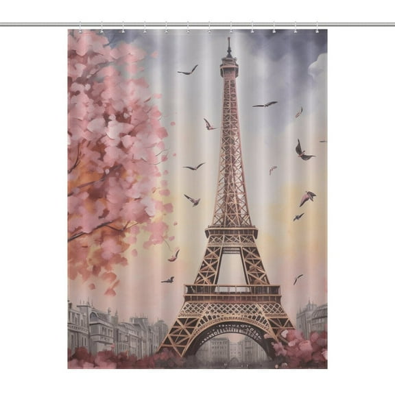 Eiffel Tower Shower Curtain , Enchanted Forest Scenic Bathroom Decor Sets, Waterproof Fabric with Hooks