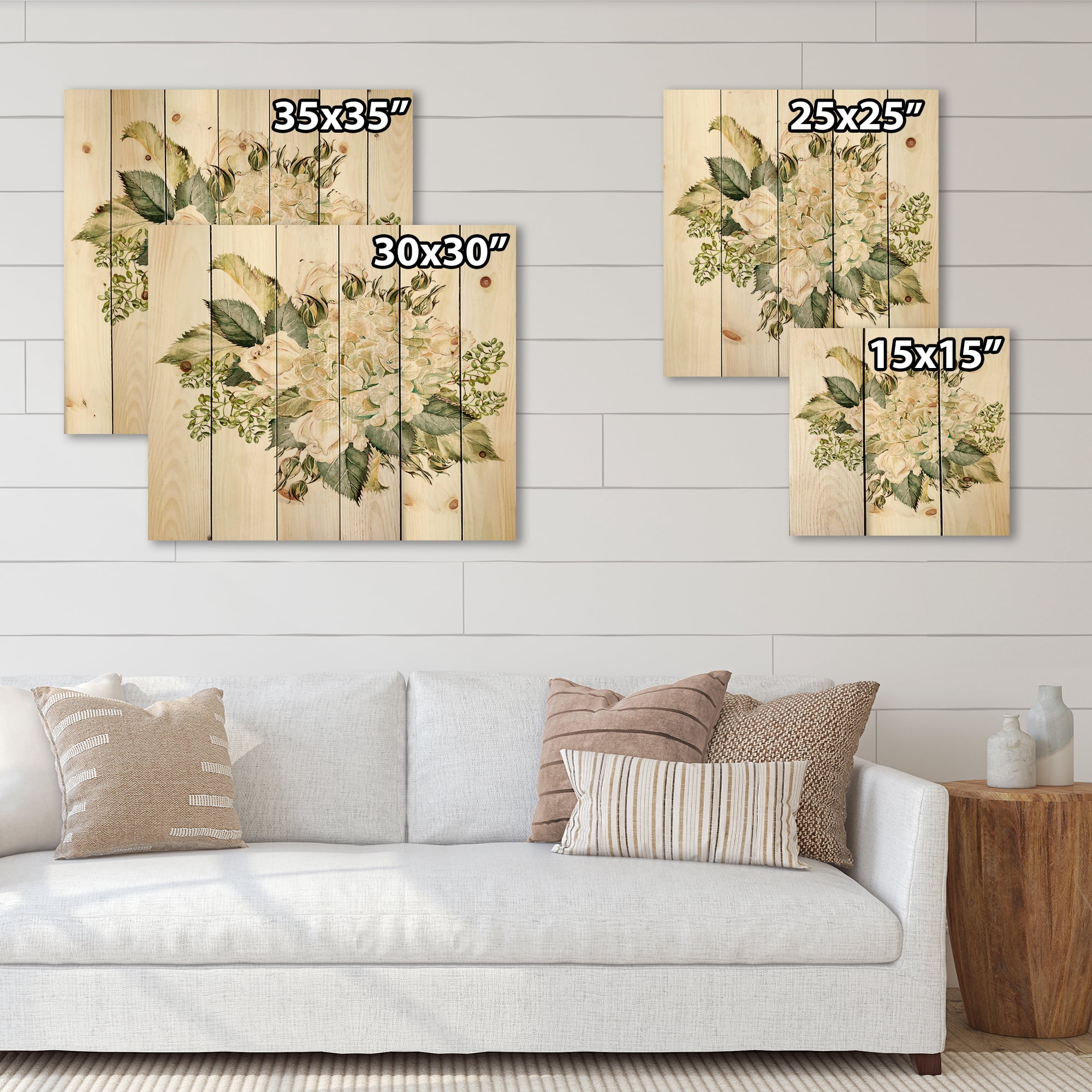 Designart 'Beautiful Bouquet With Roses and Hudrangea' Farmhouse Print on Natural Pine Wood
