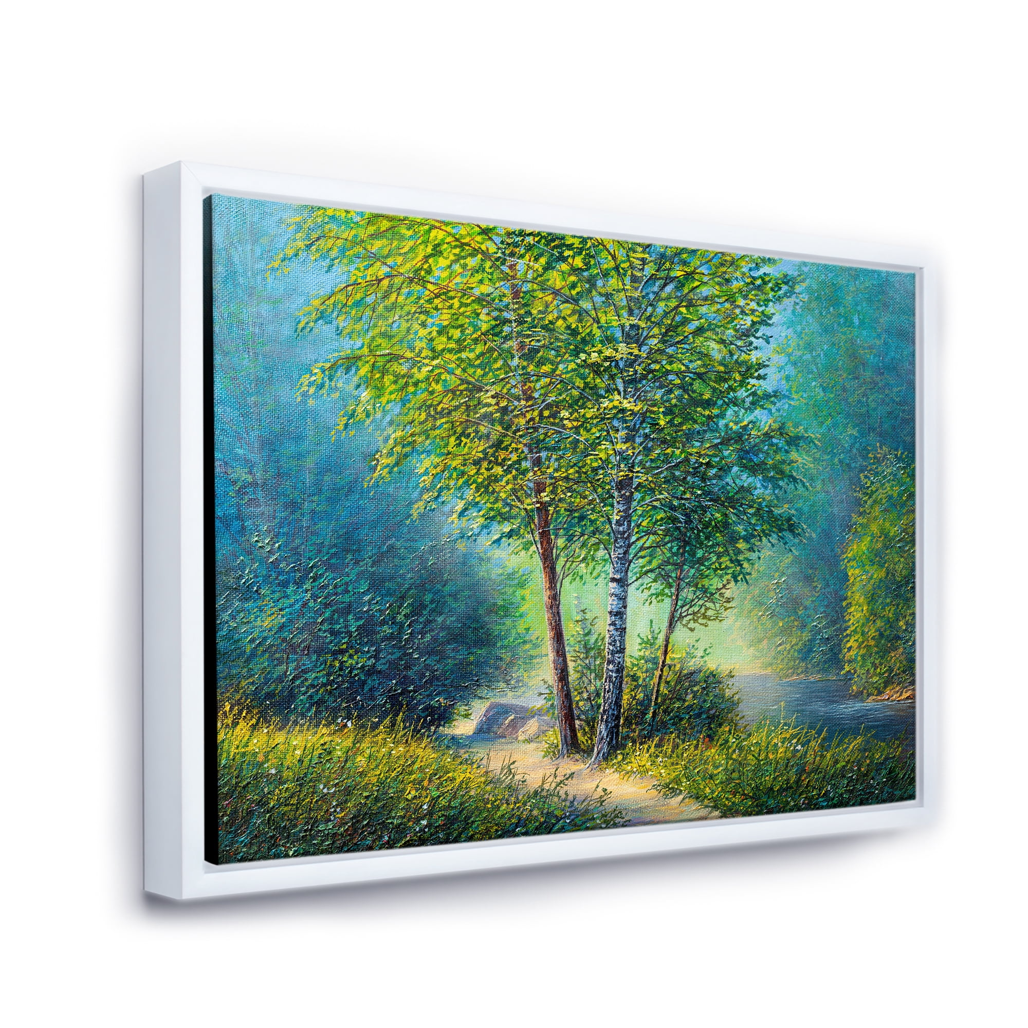 Designart 'Three Vibrant Green Trees By The River' Lake House Framed Canvas Wall Art Print