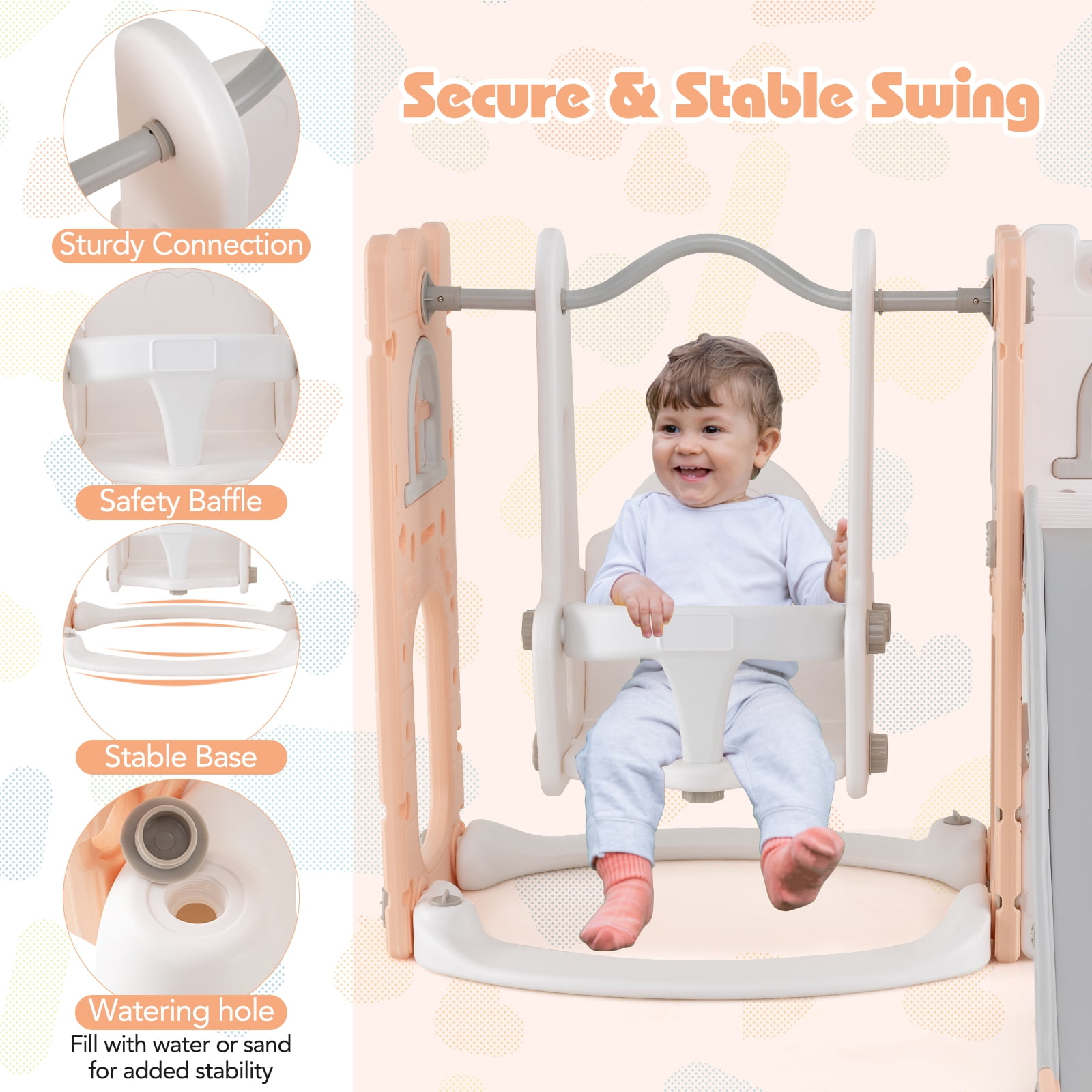 Patiojoy 7 in 1 L-shaped Toddle Swing and Slide Set Freestanding Toddler Slide Playset w/ Swing Pink