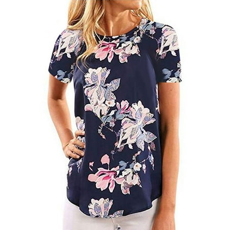 - Nlife Women's Crew Neck Short Sleeve Floral Print Tee