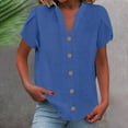 thumbnail image 2 of YUGYXL Cotton Linen Tshirts for Women Casual Short Sleeve Lapel Blouses Tops Summer Dressy Button Down Shirts Blue S, 2 of 8