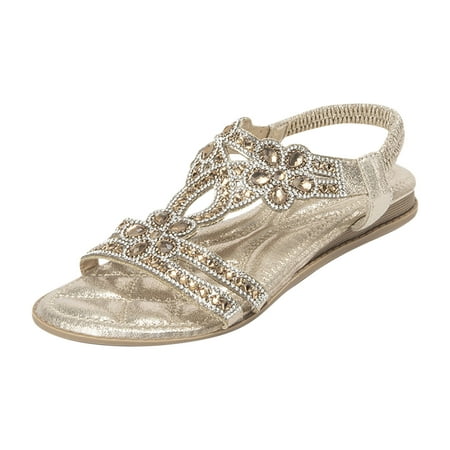 

Xfvqtps Sandals for Womens Ankle Elastic Strap Flat Bottomed Open Toe Flower Rhinestone Decor Soft Sole Comfortable Breathable Non Slip Beach Summer Casual Shoes Rose Gold