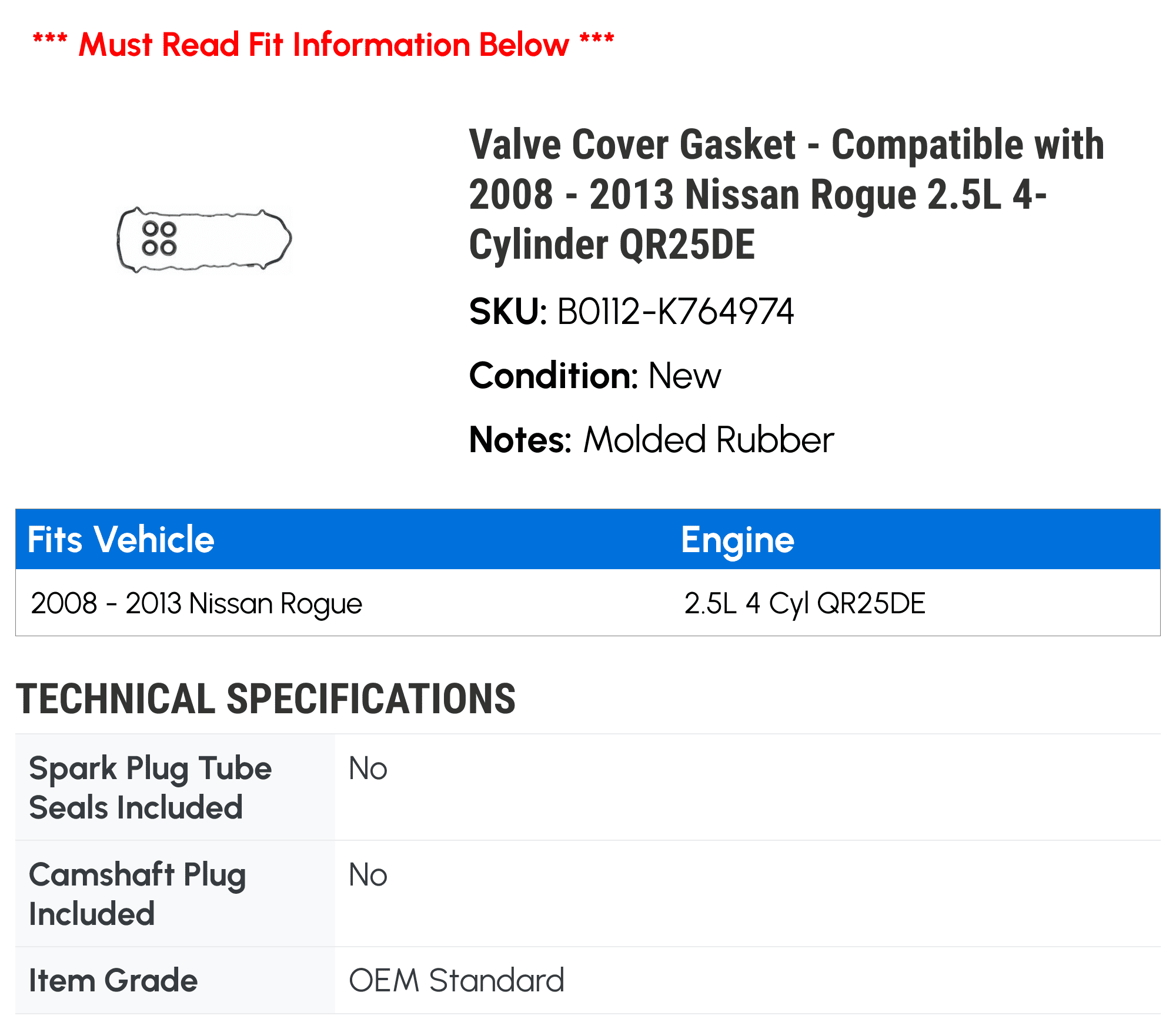 Valve Cover Gasket - Compatible with 2008 - 2013 Nissan Rogue 2.5L 4-Cylinder QR25DE 2009 2010 2011 2012