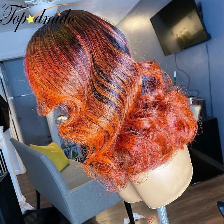 Lace Front Human Hair Wig with Baby Hair Ombre Orange  display picture 3