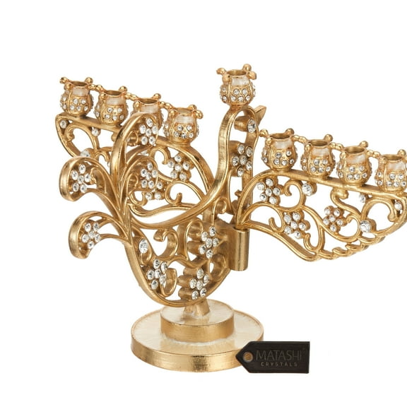 Matashi Hand-Painted Gold Dove Menorah Candelabra Tabletop Judaica Showpiece with Crystal Embellishments – Single Piece