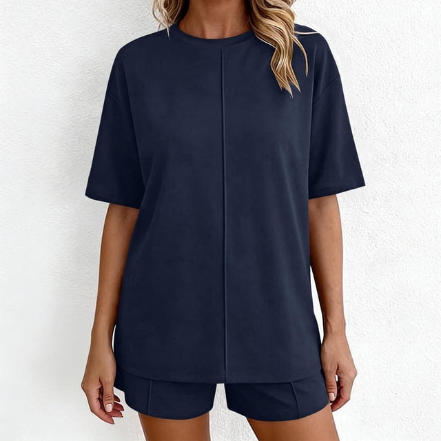 TaTaai Women's Summer Lounge Set Short Sleeve Round Neck T-Shirt and Elastic Waist Shorts Solid Color Matching Two Piece with Pockets for Comfortable Daily Wear Gift
