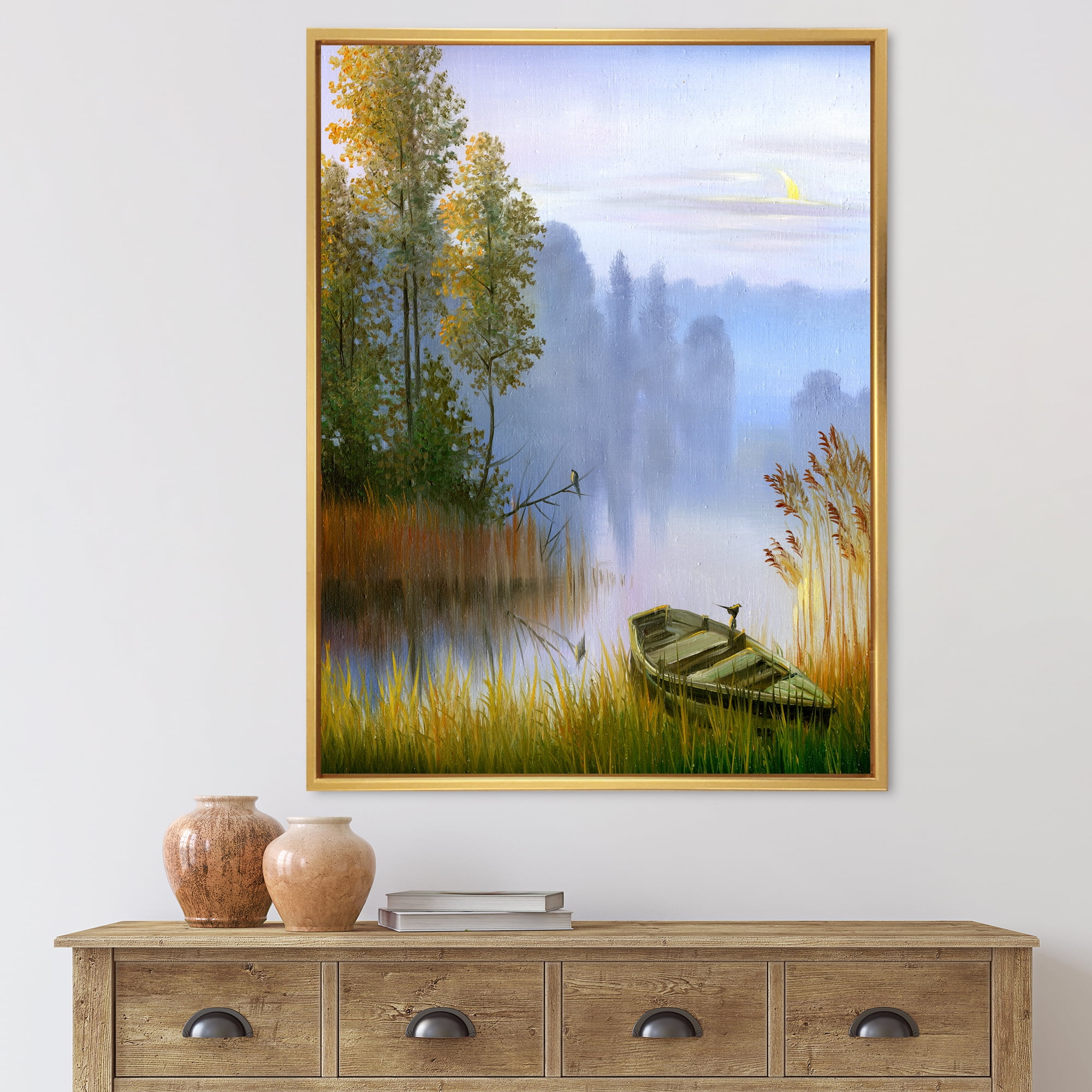 Designart 'The Bank Of The Lake With The Boat' Traditional Framed Canvas Wall Art Print
