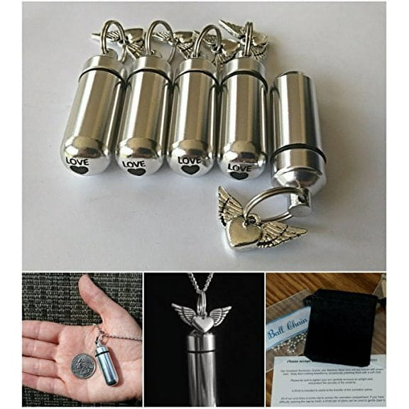 Special Set of FIVE - WINGED HEART CREMATION URNS with Laser ENGRAVED Heart - Includes 5 Ball-Chains, 5 Velvet Pouches & Fill Kit