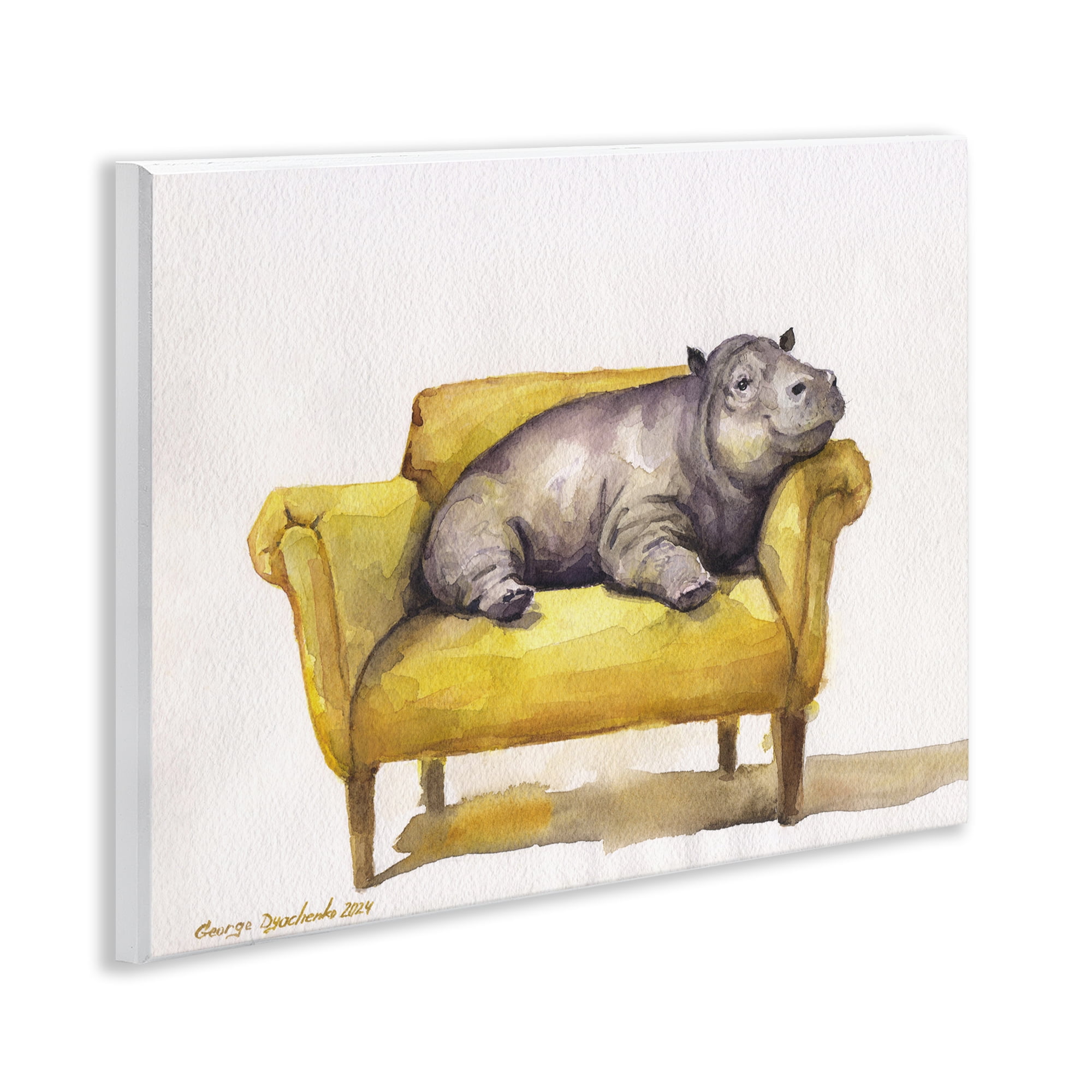 Stupell Industries Hippo on Yellow Chair Animals Painting Unframed Art Print Wall Art, 14 x 11