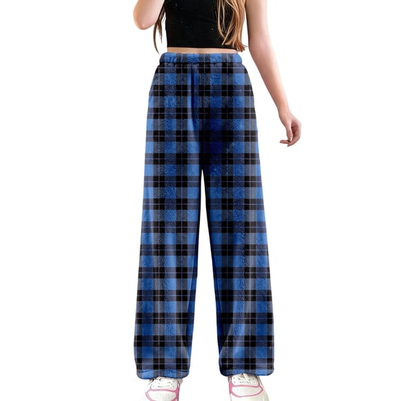 SGMVNU Womens Fleece Pajama Pants Soft Flannel Plaid Cozy Loungewear Pants Warm Winter Sleepwear Comfy Fuzzy Fleece Loungewear Bottoms(Blue, M)