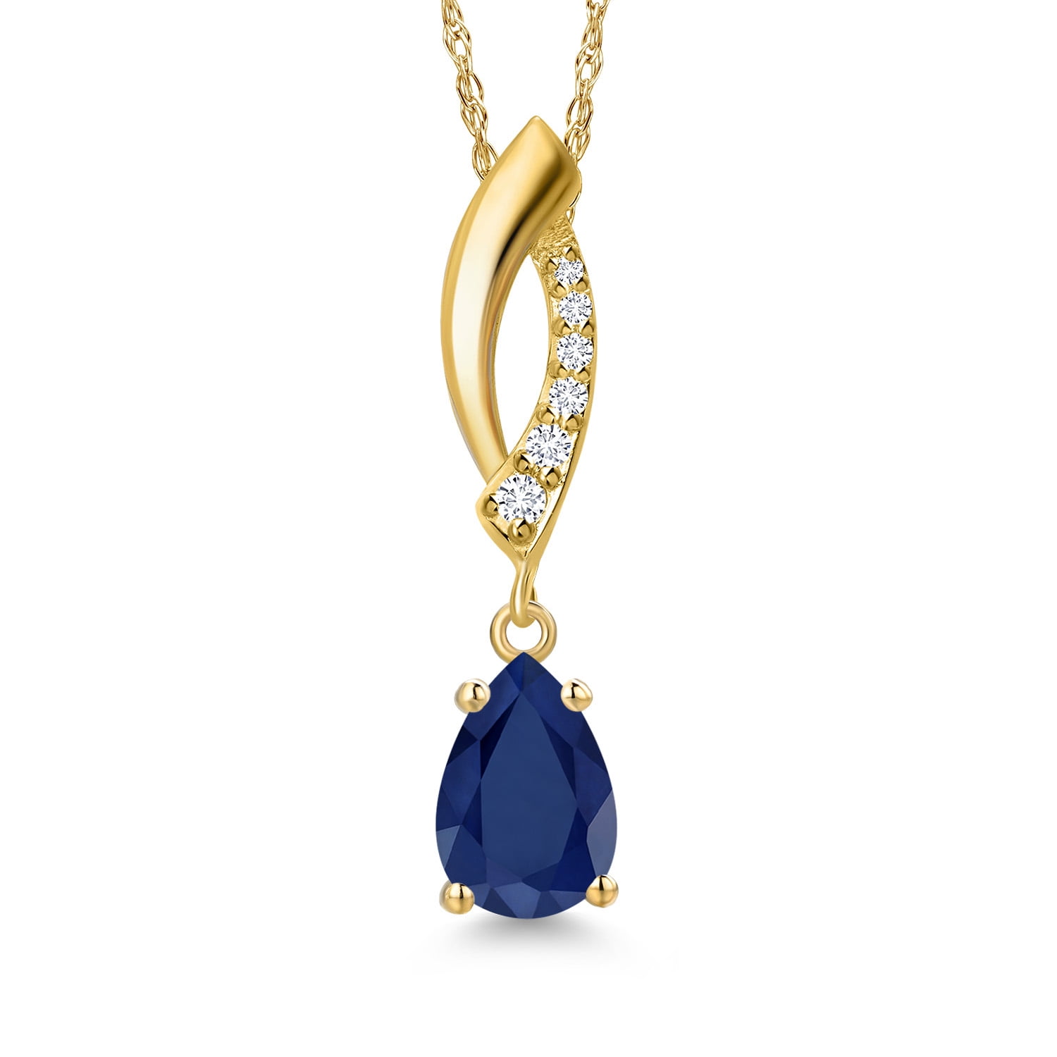Gem Stone King 10K Yellow Gold Blue Sapphire and Lab Grown Diamond Pendant Necklace for Women | 0.92 Cttw | Gemstone September Birthstone | Pear Shape 7X5MM | With 18 inch Chain
