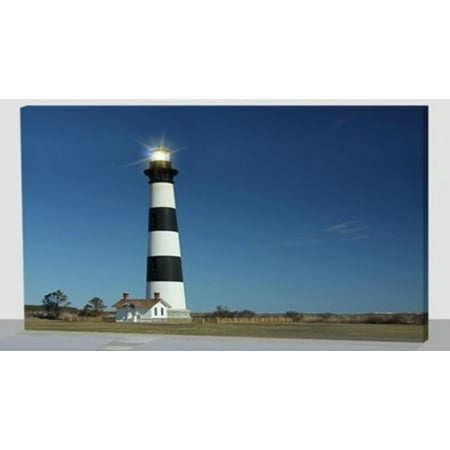 Led Lighted Black And White Striped Lighthouse With Ombre Blue Sky
