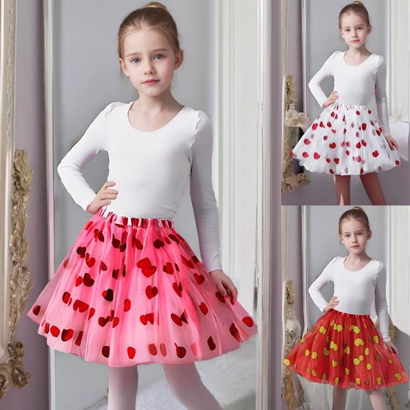 RTKFRFLM Girls Heart Print Ballet Tutu Dance Performance Skirt for Kids Pink 3-14 Years
