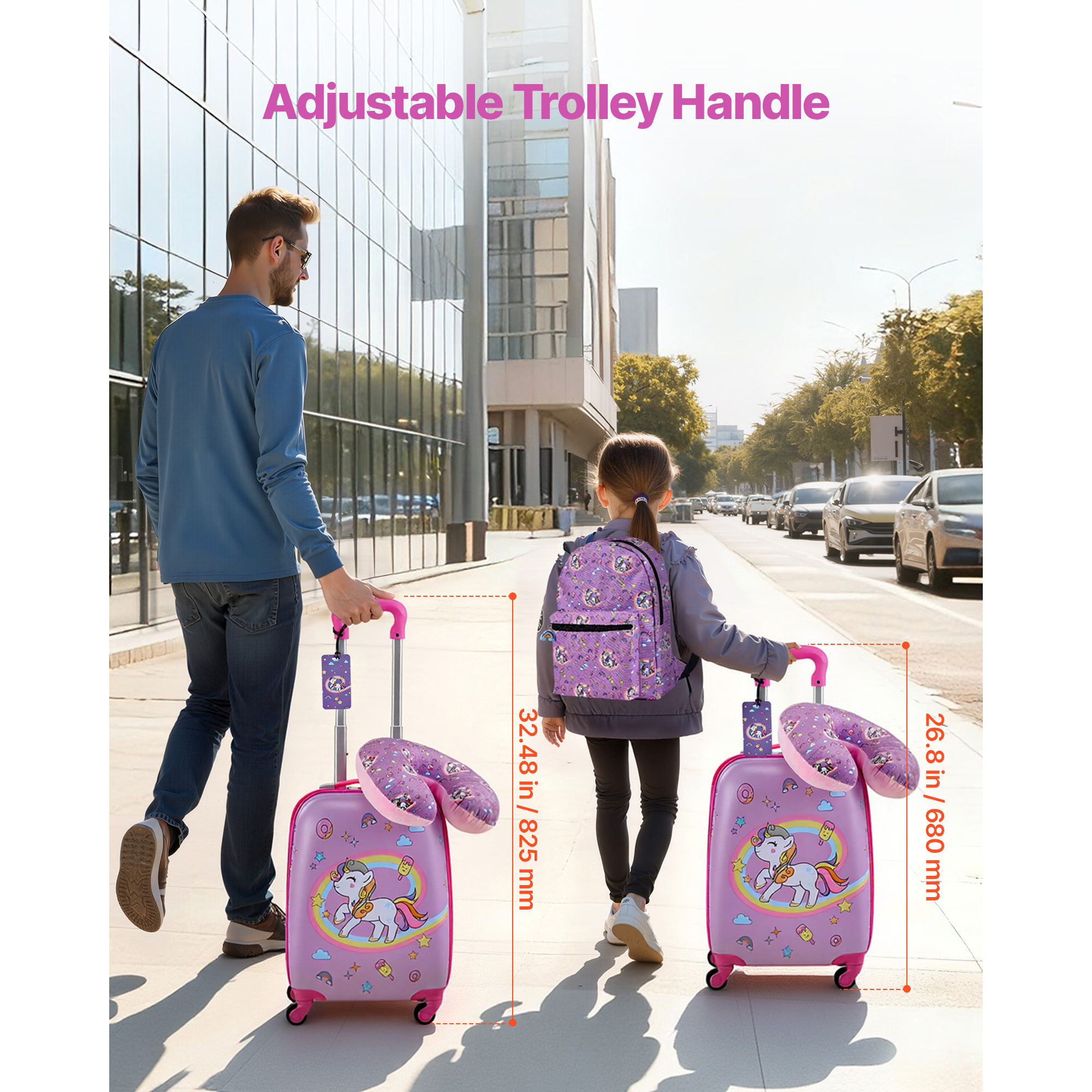 KFFKFF Kids Luggage Set, 5-Piece, 18-Inch Hard Shell Rolling Suitcase with Backpack & U-Shape Pillow, Unicorn-Themed Travel Set for Children, Perfect for Holidays and Birthdays, Airline Friendly