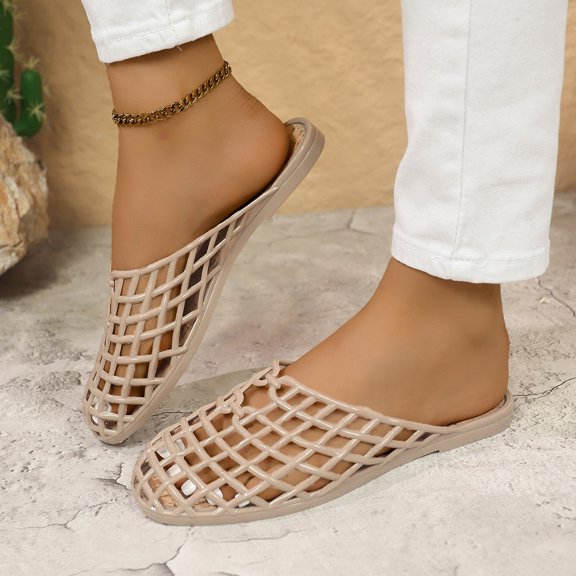 HOWPAY Summer Sandals Women Non- Flats Mesh Hollow Closed Toe on Slides Casual Comfortable Sandals Summer Beach Slippers Beige 36