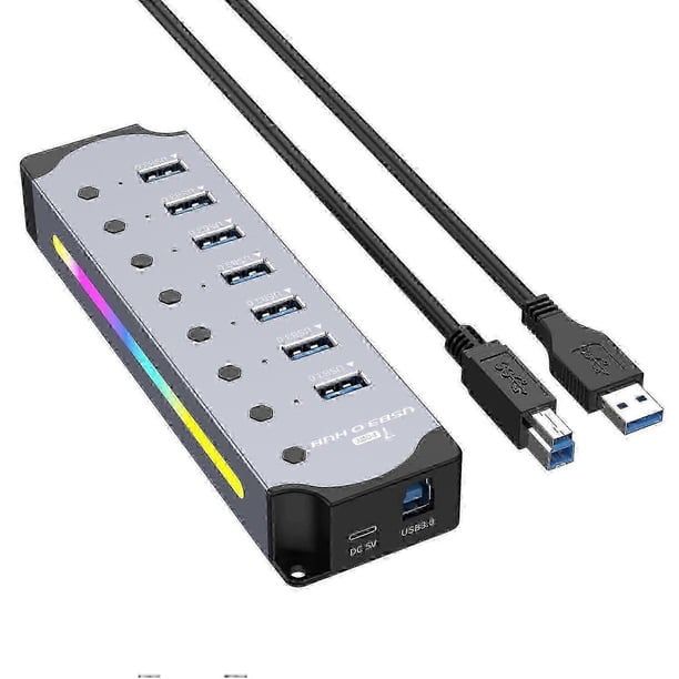 Type A YX-H307 7 Port USB 3.0 Hub with Individual On/Off Switches and Lights 5Gbps Data Transfer