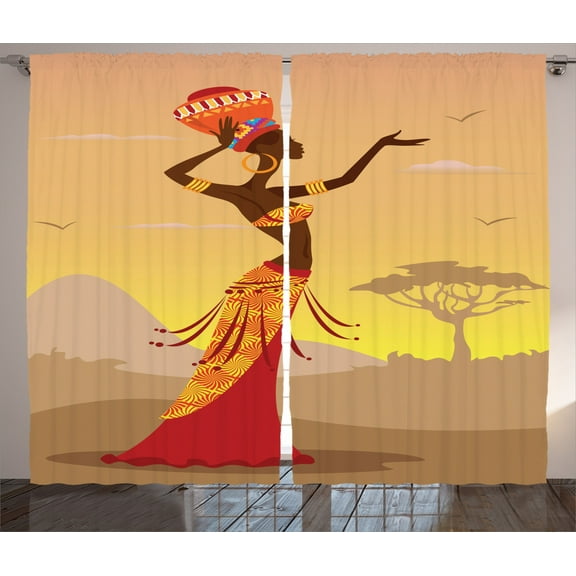 Ambesonne Afro Curtains 2 Panel Set, Desert Gulls Folkloric, 108" x 84", Amber Tan