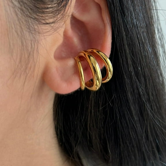 PERITANG Women 18K Gold Plated Cuff Earrings Simple C- Shaped Ear Clip on Ear Bone Three Layers round Ring Earrings Bride Wedding Engagement Jewelry Gifts