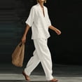 thumbnail image 6 of Domzest Two Piece Linen Sets for Women Short Sleeve V Neck Tunic Top Matching Wide Leg Pants Casual Loose Outfits With Side Pockets White S, 6 of 6