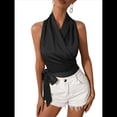 thumbnail image 3 of Blusa de Satén para Mujer, Cruzada, con Cuello en V, Sin Mangas, con Lazo Lateral, Elegante Top Corto de Verano. Negro M, 3 of 9