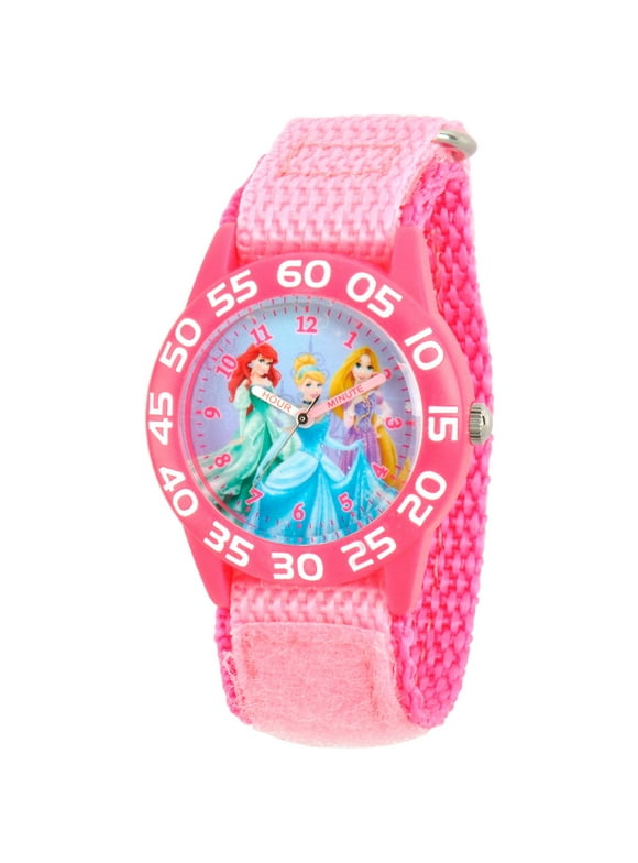 Princess Ariel, Cinderella and Rapunzel Girls' Pink Plastic Time Teacher Watch, Pink Nylon Strap