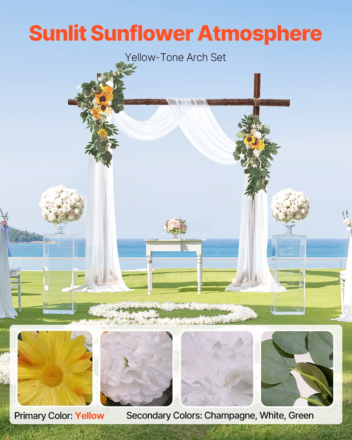 VEVOR Artificial Wedding Arch Flowers Kit, Yellow Wedding Arch Flowers with Drapes Kit (Pack of 3) - 2 Pcs Floral Arrangement, 1 Pcs Sheer Drapes, for Ceremony Bouquets Reception Backdrop Decoration