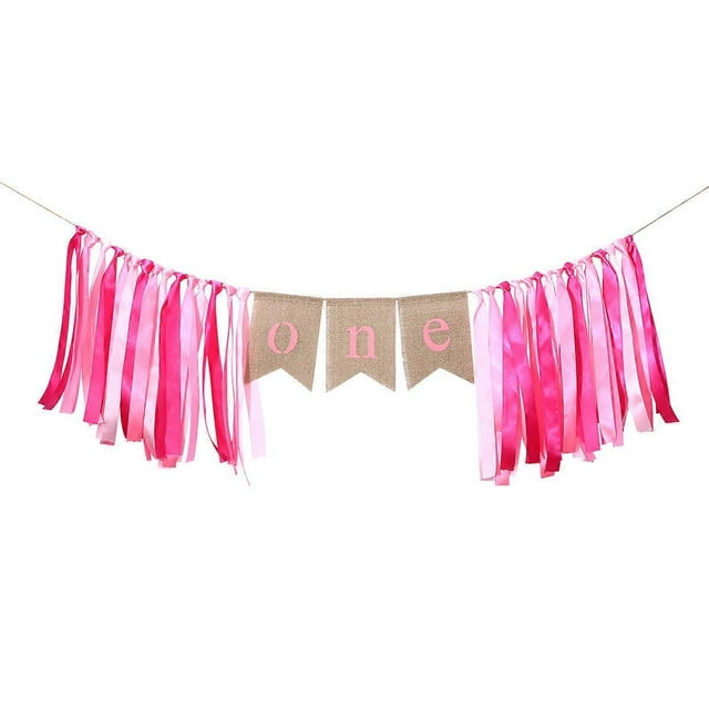 ONE Birthday Banner with Ribbon First Birthday Decorations Burlap Highchair Banner for 1st Birthday Baby Girl
