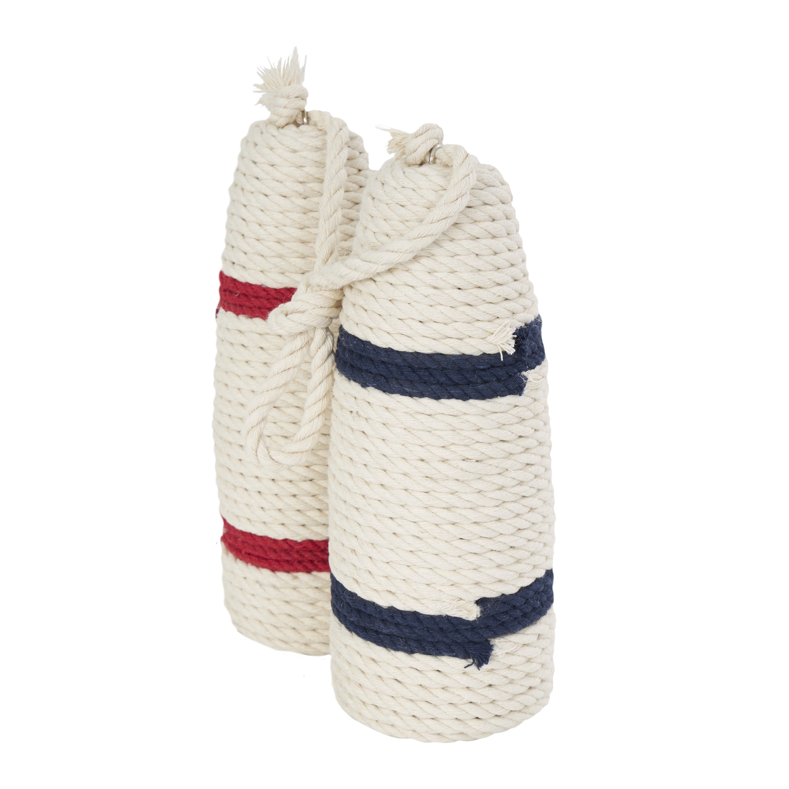 7"W, 10"H White Wood Handmade Coiled Striped Rope Buoy Sculpture with Joined Hanging Handle, by DecMode (2 Count)