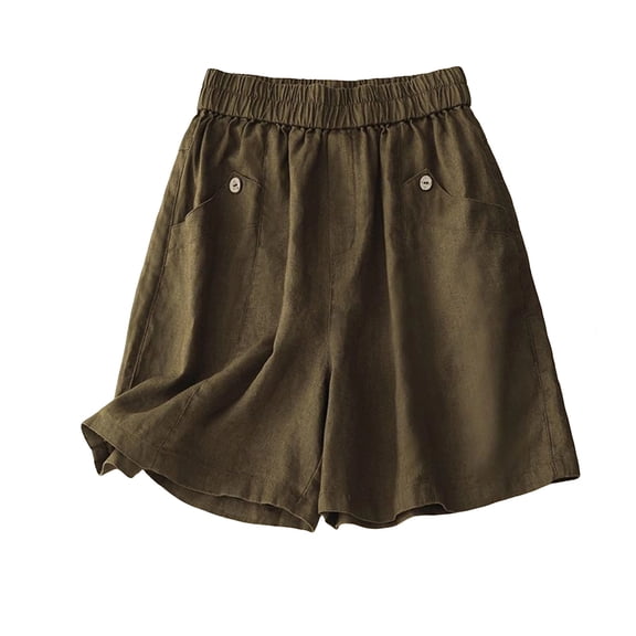 RQYYD Women's Elastic Waist Linen Shorts Casual Loose Button Pocket Lightweight Summer Beach Daily Wear Bottoms