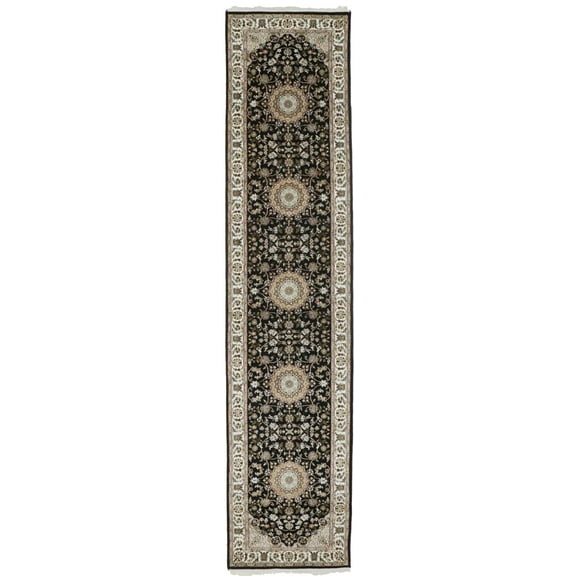 Black Floral 3X12 Indo-Nain Oriental Runner Rug