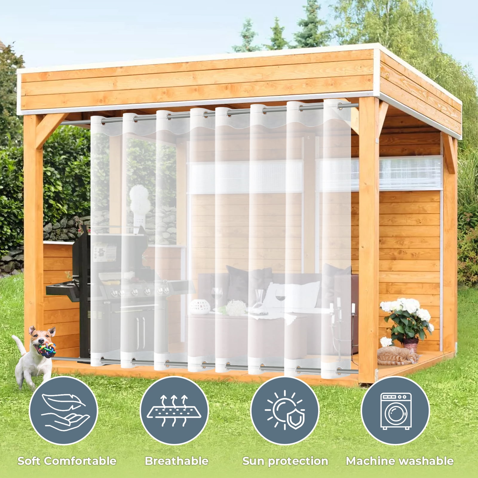 Qelus Outdoor Sheer Curtains for Patio Waterproof, 71in Wide Sheer Curtain Top & Bottom Grommet Windproof Outdoor Curtain for Porch Yard, 1 Panel, White