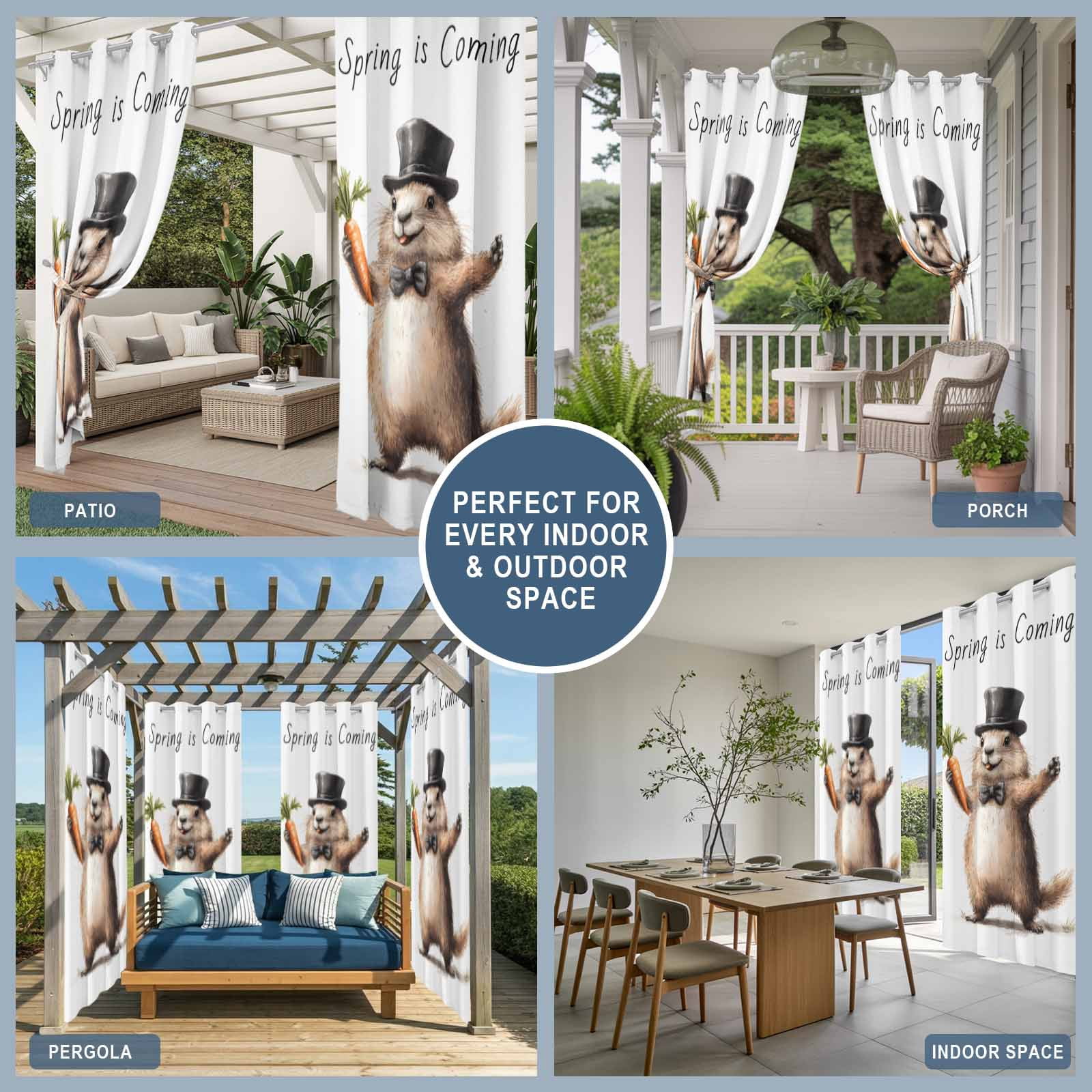 Outdoor Curtains for Patio Waterproof, Groundhog Day Windproof Pravicy Outside Porch Blackout Curtain, Spring Cute Brown Aniamls Carrot Sun Blocking Grommets Curtains for Cabana Gazebo 54"x108"