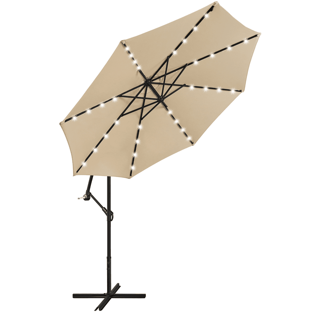 Yaheetech 10 Ft Patio Offset Umbrella with 32 LED Lights and Crank & Cross Base, Tan