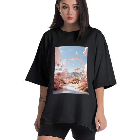 Plus Size Shirt for Women Black Tops for Women Short Sleeves Shirt for Women Flowers T Shirt Crewneck Shirt for Women XS
